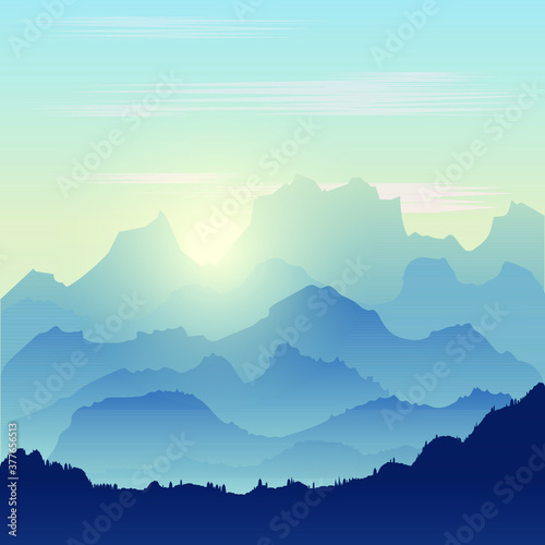Fototapeta Naklejka Na Ścianę i Meble -  Vector illustration of beautiful dark blue mountain landscape with fog and forest. Sunrise. View of the mountain landscape with fog and rising sun. Postcard or banner design.