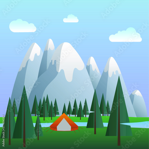 Adventure camping mountains concept. Orange tourist tent, pine forest and rocky mountains background, clouds in the sky. Climbing, Trekking, Hiking, Walking. Nature landscape.