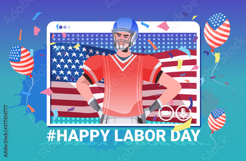american football player with USA flag happy labor day celebration self isolation online communication concept web browser window horizontal vector illustration