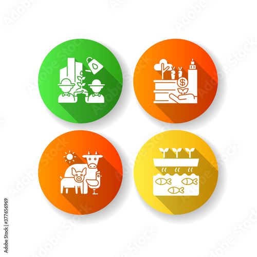 Agribusiness flat design long shadow glyph icons set