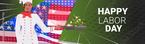 chef in uniform preparing fresh saalad happy labor day celebration concept horizontal greeting card portrait vector illustration