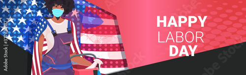 janitor with USA flag holding bucket with tools labor day celebration cleaning service concept portrait greeting card horizontal vector illustration