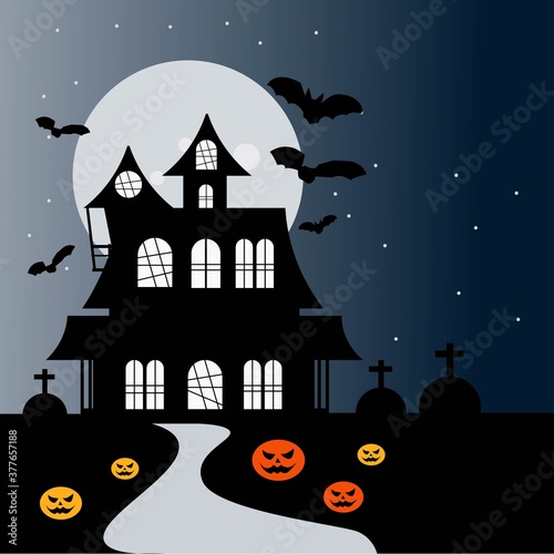 Happy Halloween Background with haunted house, pumpkin. halloween invitation template. vector illustration