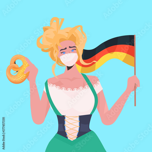 woman holding salty pretzel and flag Oktoberfest party celebration waitress wearing mask to prevent coronavirus pandemic portrait vector illustration