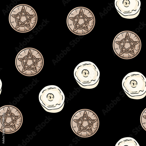 Pentacles and candles occult signs comic style doodles top view seamless pattern. Wooden pentagrams hand drawn magic boho template texture background tile