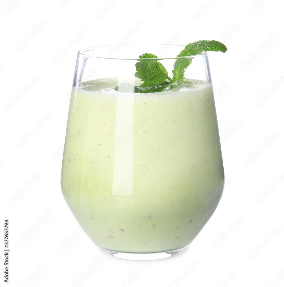 Tasty milk shake with mint isolated on white Tasty milk shake with mint isolated on white