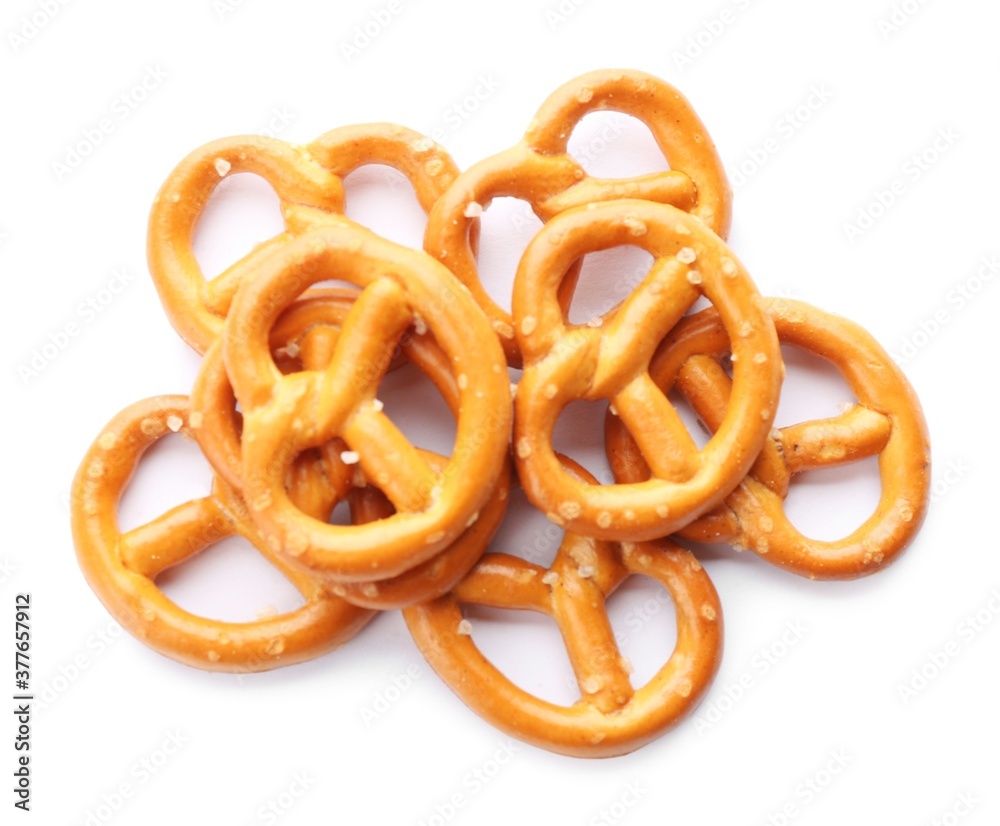 Delicious crispy pretzel crackers isolated on white, top view Delicious crispy pretzel crackers isolated on white, top view