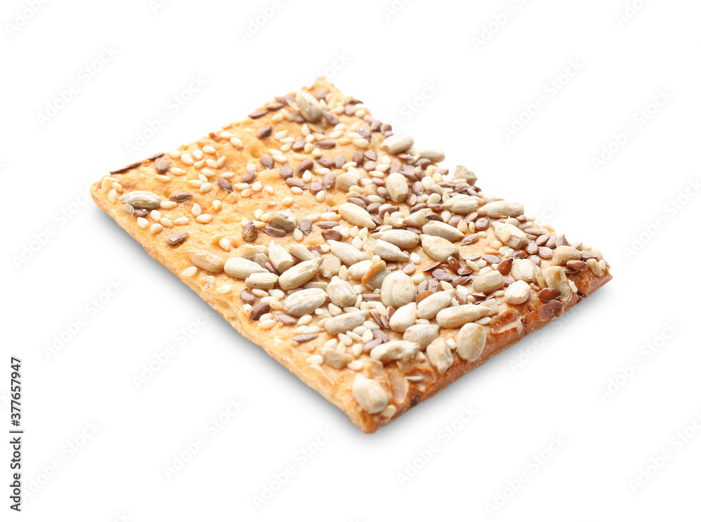 Delicious crispy cracker with different seeds isolated on white Delicious crispy cracker with different seeds isolated on white