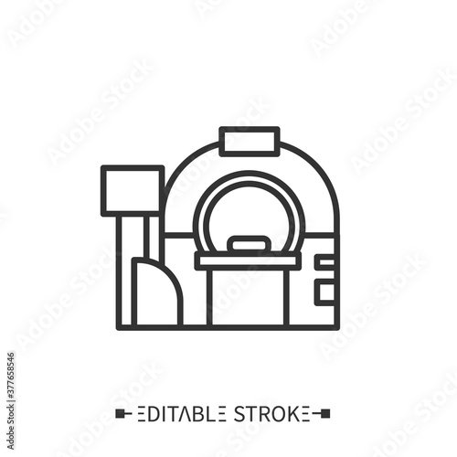Tomography line icon.Brain examination. Cancer prevention. Modern medicine equipment. X-ray diagnostics. Healthcare and health information management concept. Editable stroke 
