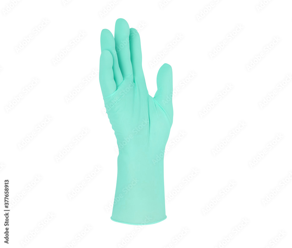Obraz premium Medical nitrile gloves.Two green surgical gloves isolated on white background with hands. Rubber glove manufacturing, human hand is wearing a latex glove. Doctor or nurse putting on protective gloves