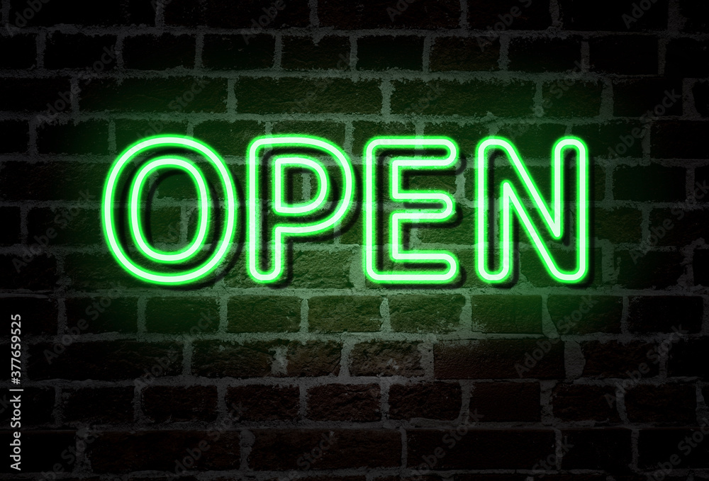 OPEN - neon light entrance sign on brick wall OPEN - neon light entrance sign on brick wall