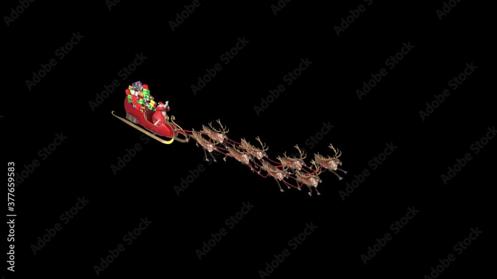 Santa Sleigh Flies Front Alpha Matte Christmas Reindeer Night 3D Rendering Animation 4K
