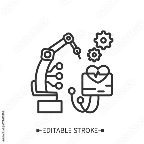 Automated treatment process icon. Modern medical equipment. Medical innovations. Robotization. Smart technologies. Healthcare and health information management concept. Editable stroke 