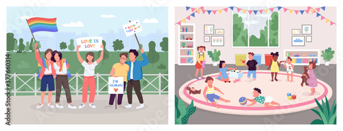 Human activities flat color vector illustration set