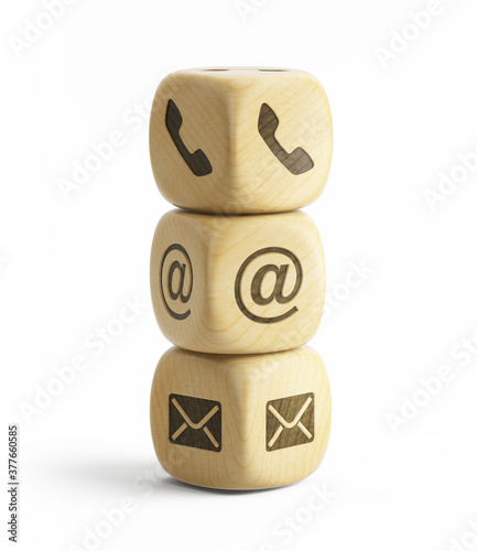 Contact us concept. Contact us icons (telephone, email, address) on wooden cubes isolated on white. 3d rendering
