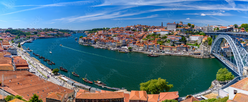Panorama of Dom Luis I Bridge, the River Douro, and the Ribeira district in Porto, Portugal