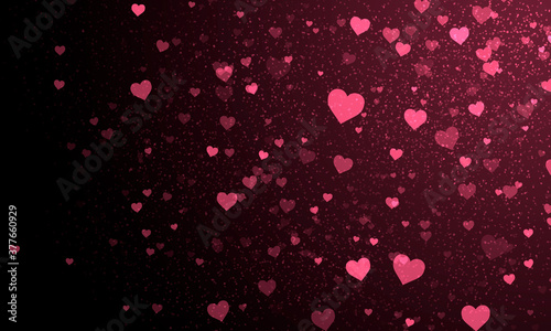 Dark abstract bright pink glowing background with many hearts and bright pink light. Pink hearts on a black background.