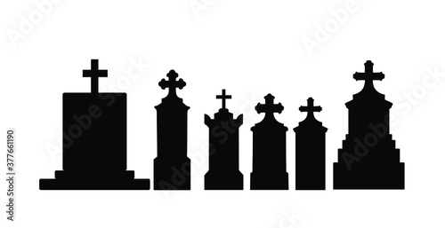Tombstone vector silhouette illustration collection isolated on white background. Gravestone or headstone on graveyard. Rest in peace on cemetery.