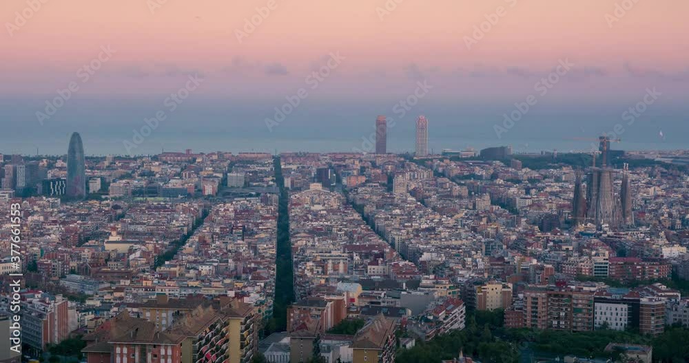 Timelapse of Barcelona at sunset seen from the Turó de la Rovira or Bunkers del Carmel. Timelapse of Barcelona at sunset seen from the Turó de la Rovira or Bunkers del Carmel.