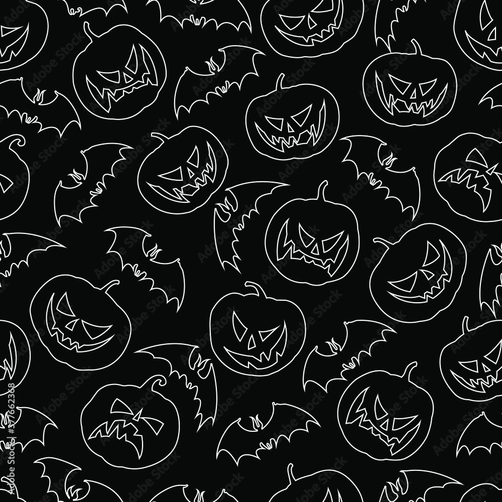 Vector seamless pattern : halloween carved pumpkins jack-o-lantern,  scary and smiling with flying bats. Chalk style line art on black. Holiday design for textile, wrapping paper, card, scrapbooking.
