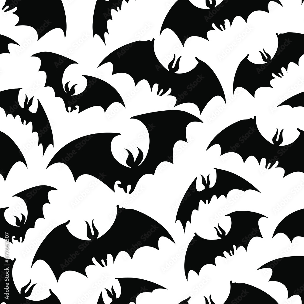 Naklejka premium Vector halloween seamless pattern : black silhouettes of flying bats on white. Holiday design for textile, wrapping paper, scrapbooking, card, poster, party decor.