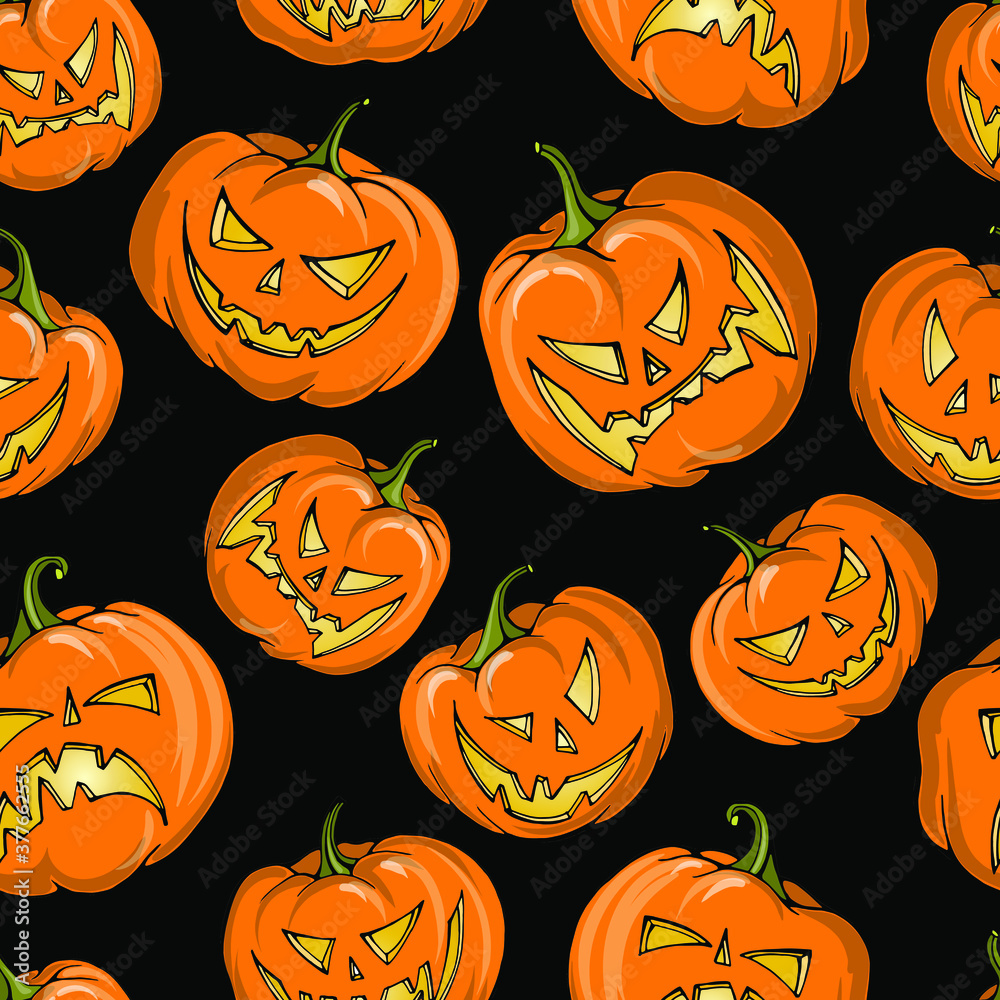 Vector seamless pattern : halloween orange pumpkins jack-o-lantern smiling and scary on black. Holiday design for textile, wrapping paper. scrapbooking, cards. Vector seamless pattern : halloween orange pumpkins jack-o-lantern smiling and scary on black. Holiday design for textile, wrapping paper. scrapbooking, cards.