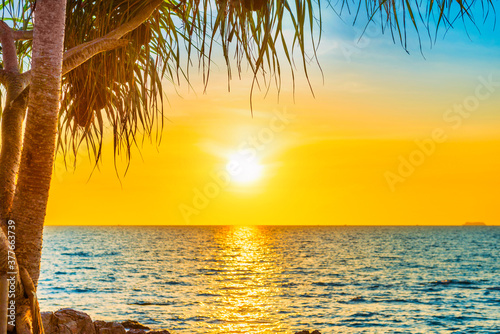 Sea beach sunset landscape with sunset sun on blue sea and palm tree