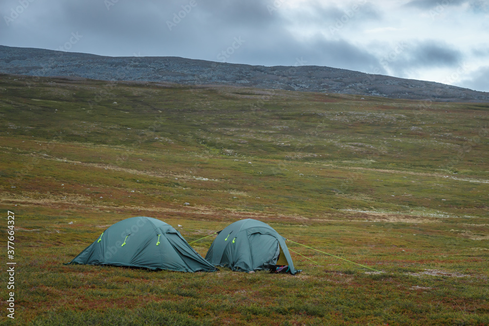Gräftåvallen. Hiking tents on a mountain slope