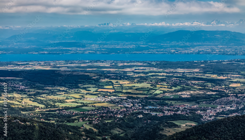 View of Lac Leman and the Alps from Jura Mountains in France.