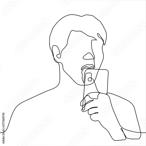 portrait of a man who licks the screen of his smartphone. one continuous line drawing concept user loves content, phone (gadget) screen cleaning, internet addiction, mobile phone addiction