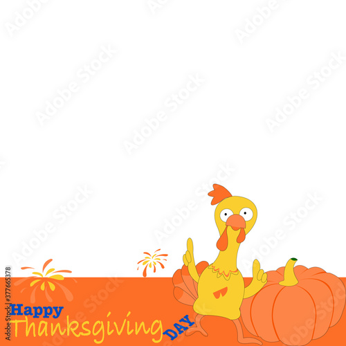 Vector illustration design concept of Happy Thanksgiving Day with Text and a Turkey standing near pumpkin silhouette with yellow background. Thanksgiving greeting card, poster or flyer for holiday