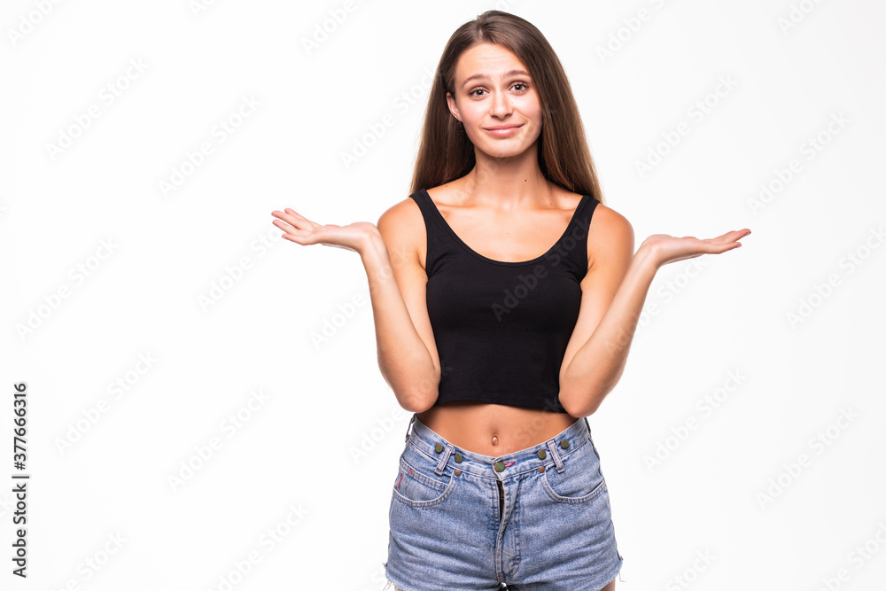 Young unsure woman with shrug and hands out gesturing uncertainty