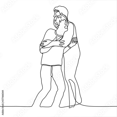 two men stand, one screams and rushes to go / run somewhere, and the second restrains him in place by hugging him (tightly wrapping his arms). one continuous line art concept support, restrain someone
