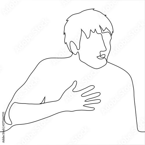 man with an open mouth grabs his chest. one continuous line drawing concept of heart attack, affection, difficulty breathing