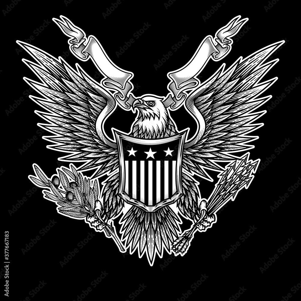 Eagle with shield and ribbon. Vector illustration of bald eagle with