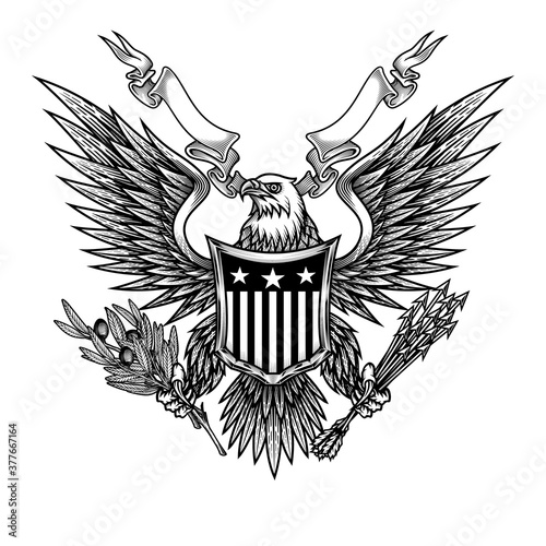 Eagle with shield and ribbon. Vector illustration of bald eagle with shield, arrows and olive branch in engraving technique. Isolated on white.