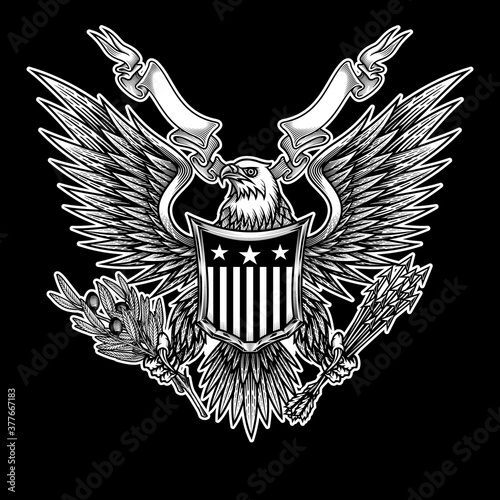 Eagle with shield and ribbon. Vector illustration of bald eagle with shield, arrows and olive branch in engraving technique. Isolated on black.