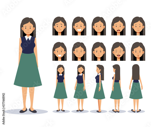 Set of Flat Vector Character woman wear casual clothing with various views, Cartoon style.