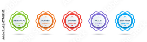 Certified badge logo design for company training badge certificates to determine based on criteria. Set bundle certify colorful vector illustration.