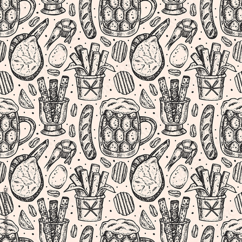 Oktoberfest seamless pattern, texture. Alcohol, glass of beer, snacks, fast food, german sausage, chips, fried potato, meat, bread, peanuts. Bar, pub menu design. Vector packaging paper.