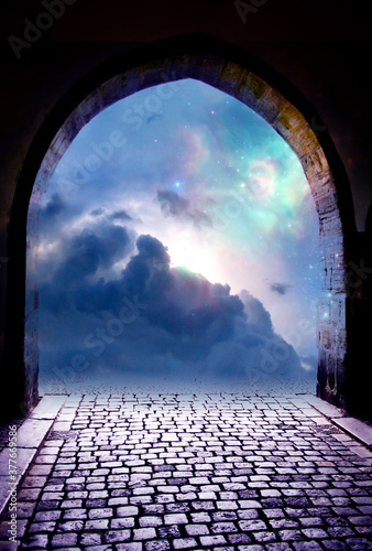 Fototapeta beautiful gate with blue Universe, stars, cloudy sky and mystical light like ang