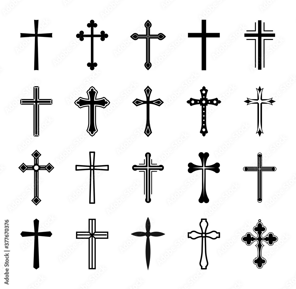 Set christian cross vector symbol flat and outline style