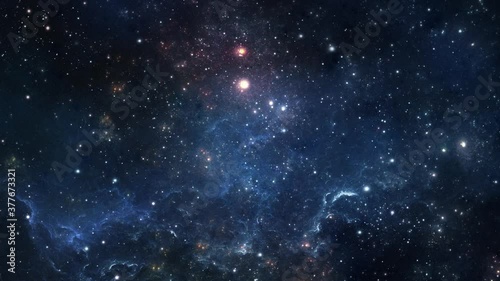 Camera flying through the clouds and star field in outer space.