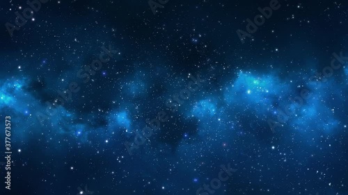 Camera flying through the clouds and star field in outer space.