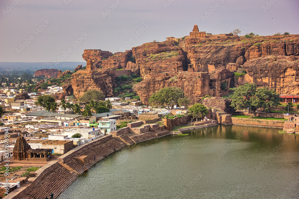 Badami landscape with rocks and historical  Hindu and Jain cave temples. Town in the Bagalkot district in northern part of Karnataka, India.