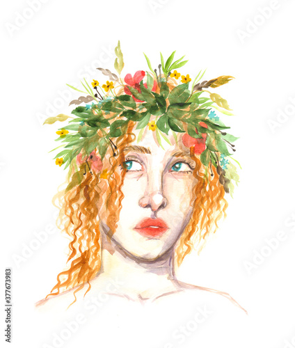 Fototapeta Naklejka Na Ścianę i Meble -  Watercolor portrait of young beautiful girl with herbal wreath on her hair. Hand painted illustration