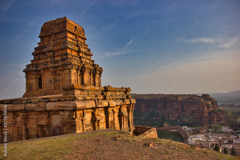 Badami landscape with rocks and historical  Hindu and Jain cave temples. Town in the Bagalkot district in northern part of Karnataka, India.