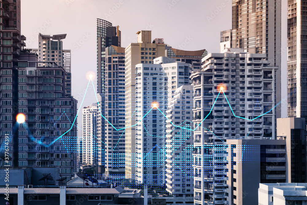 Financial stock chart hologram over panorama city view of Bangkok, business center in Asia. The concept of international transactions. Double exposure.