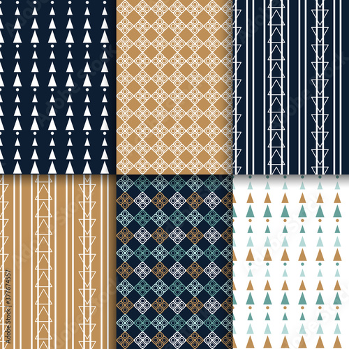Set of 6 abstract gold end blue geometric seamless patterns.