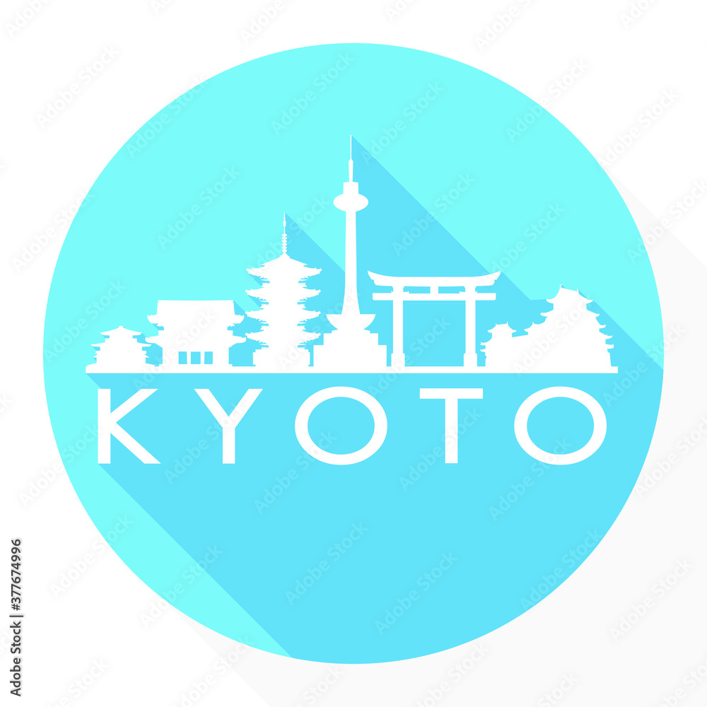 Kyoto Japan, Skyline Button Icon Round Flat Vector Art Design Color Background Logo.